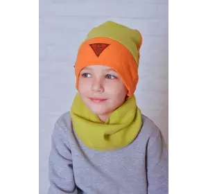 Оранжево-салатовый набор Круз. Детская шапка и хомут (Упаковка, ростовка 50-52)