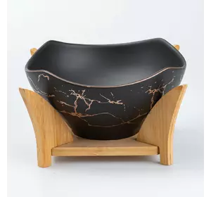 Салатниця керамічна 23*23*13.5 см на дерев'яній підставці, чорний